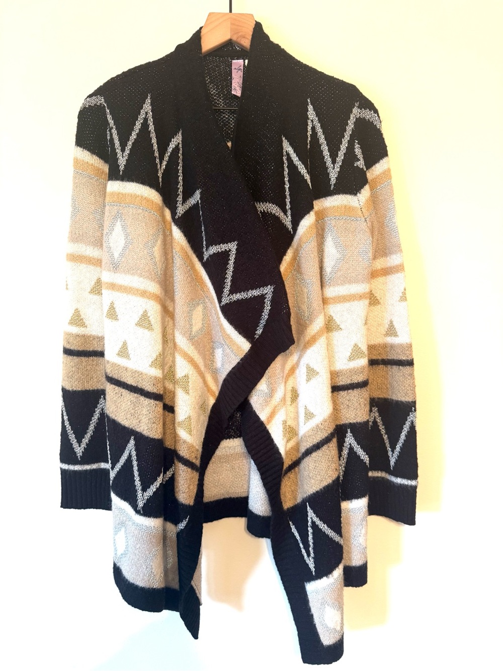 Black Beige Geometric Open Front Cardigan Sweater | Metallic Thread | Cozy Boho - Picture 5 of 5